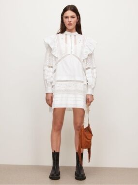 AllSaints White Lace Pintuck Button-Front Mini Dress